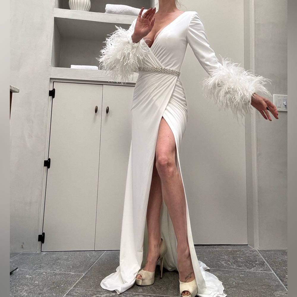 Jovani White Long Sleeve Dress with Feather Accents